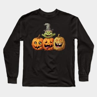 Three Halloween Pumpkins with Different Expressions and a Witch Long Sleeve T-Shirt